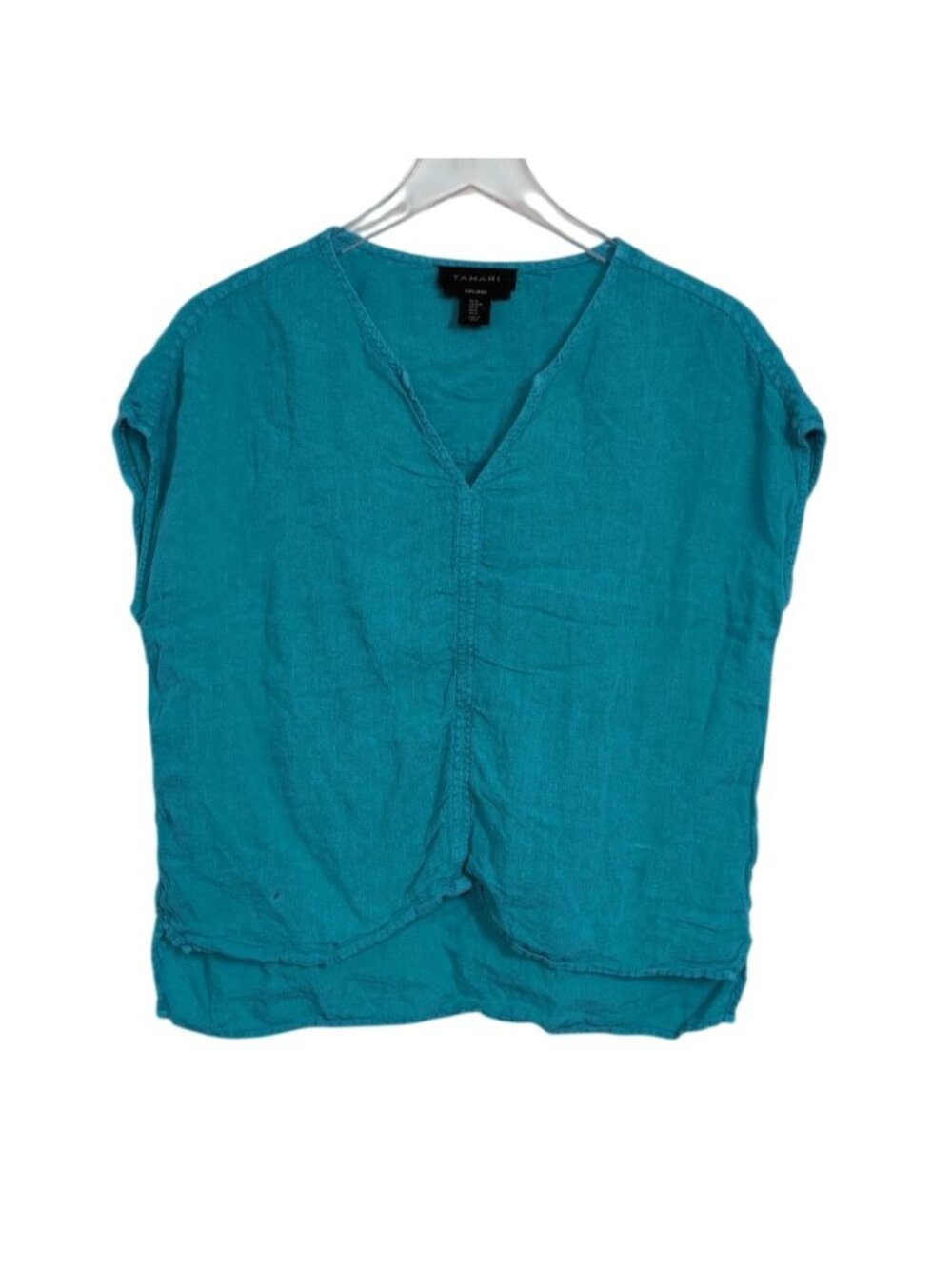 Tahari 100% Linen Shirt Womens Size Medium Blue V Neck Boho Lightweight Cap Slee